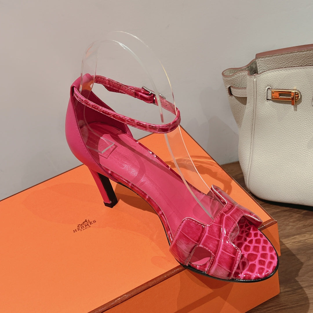 PREMIERE 105 SANDAL IN WATERMELON PINK CROCODILE LEATHER - 35