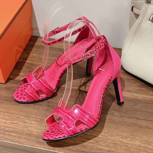 PREMIERE 105 SANDAL IN WATERMELON PINK CROCODILE LEATHER - 35