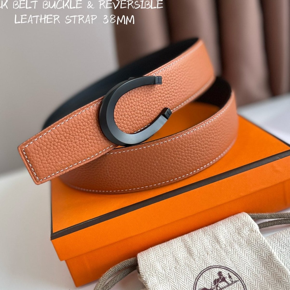 LUCK BELT BUCKLE & REVERSIBLE GINGER ORANGE LEATHER STRAP 38MM BLACK HARDWARE - 30
