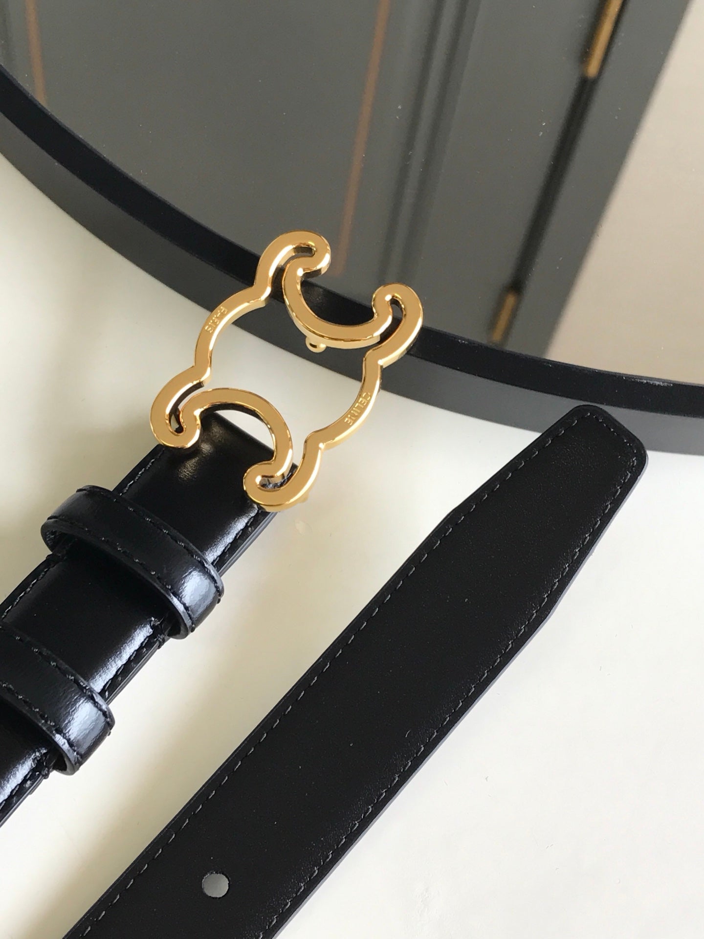 CELINE 25S BELT TRIOMPHE 25MM IN BLACK GLOSSY CALFSKIN 559675 - 26 - 28