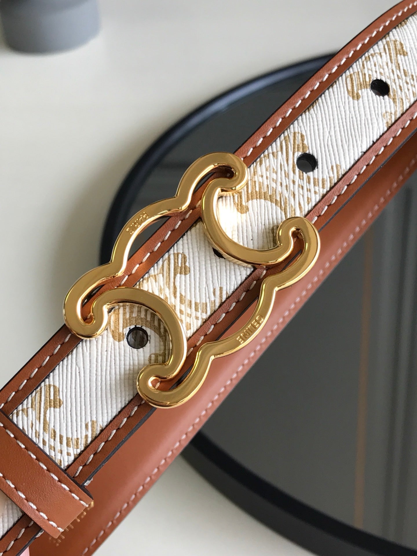 CELINE 25S BELT TRIOMPHE 25MM IN WHITE CALFSKIN AND CANVAS 559677 - 26 - 28