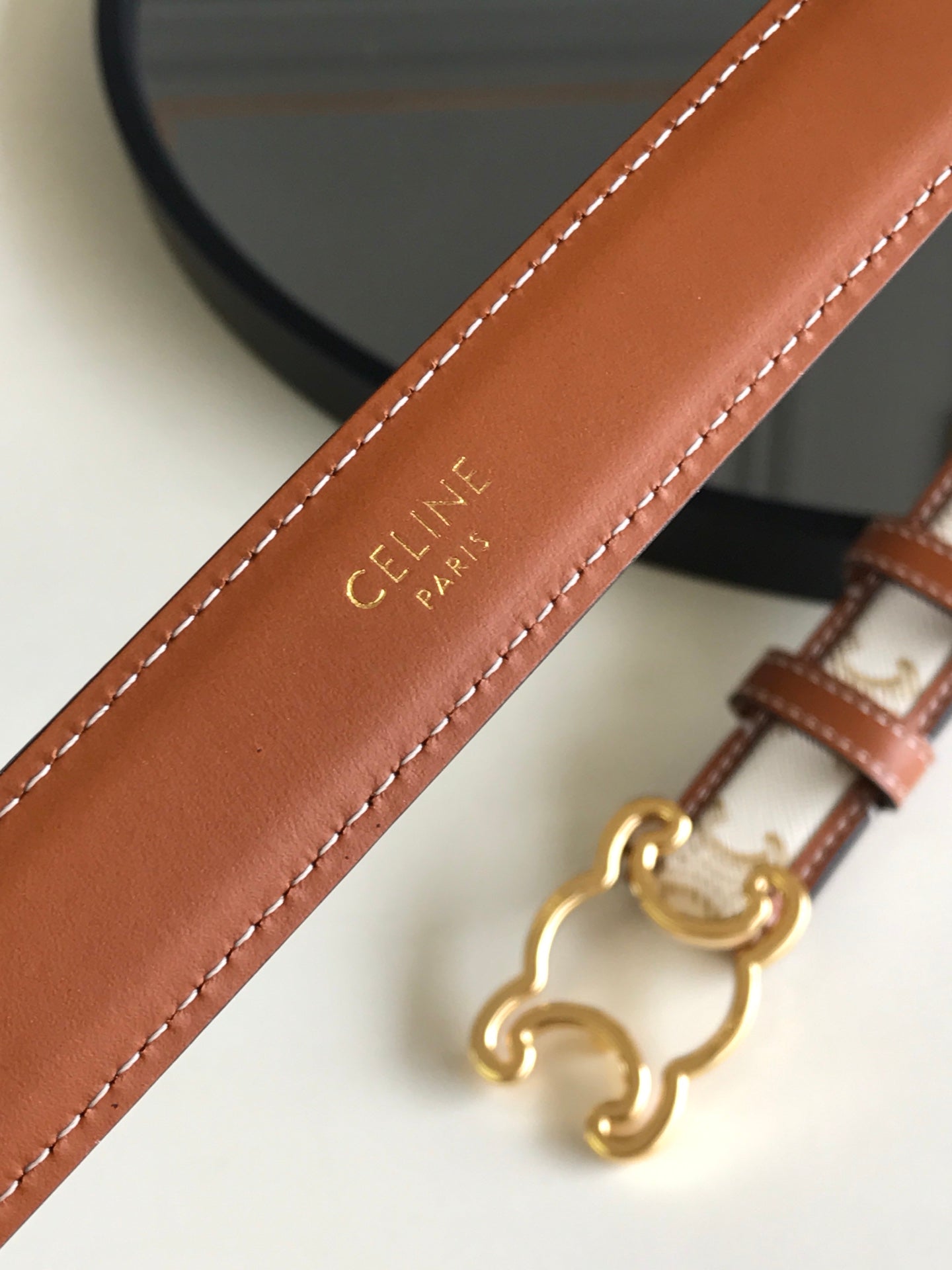 CELINE 25S BELT TRIOMPHE 25MM IN WHITE CALFSKIN AND CANVAS 559677 - 26 - 28