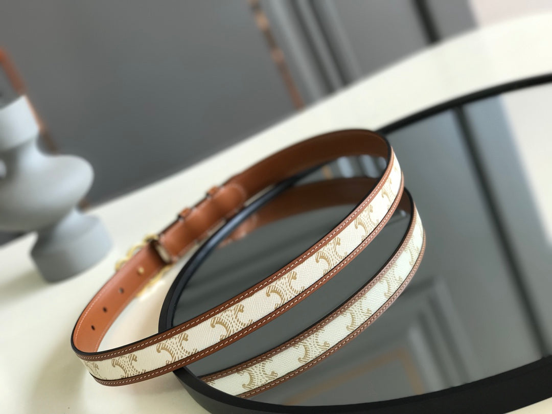 CELINE 25S BELT TRIOMPHE 25MM IN WHITE CALFSKIN AND CANVAS 559677 - 26 - 28