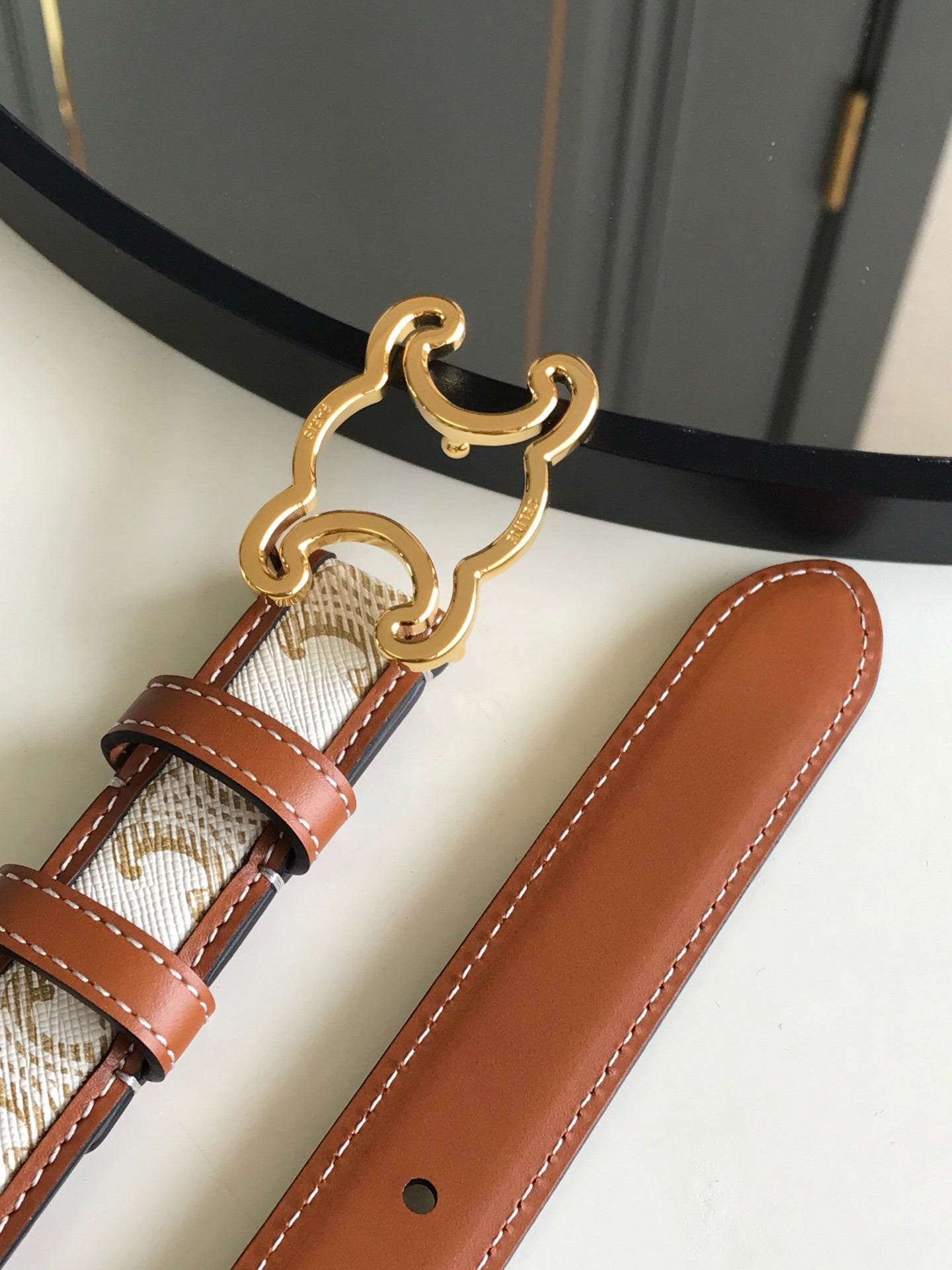 CELINE 25S BELT TRIOMPHE 25MM IN WHITE CALFSKIN AND CANVAS 559677 - 26 - 28