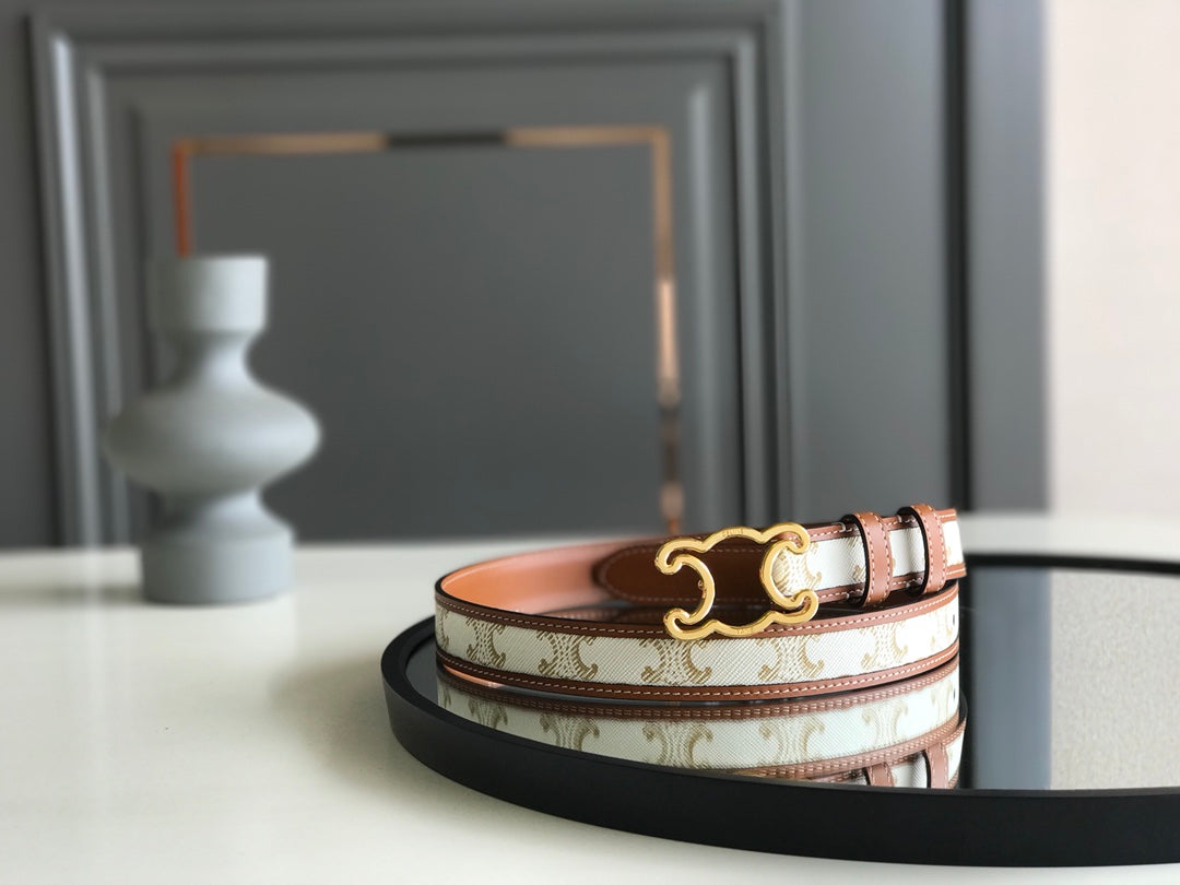 CELINE 25S BELT TRIOMPHE 25MM IN WHITE CALFSKIN AND CANVAS 559677 - 26 - 28