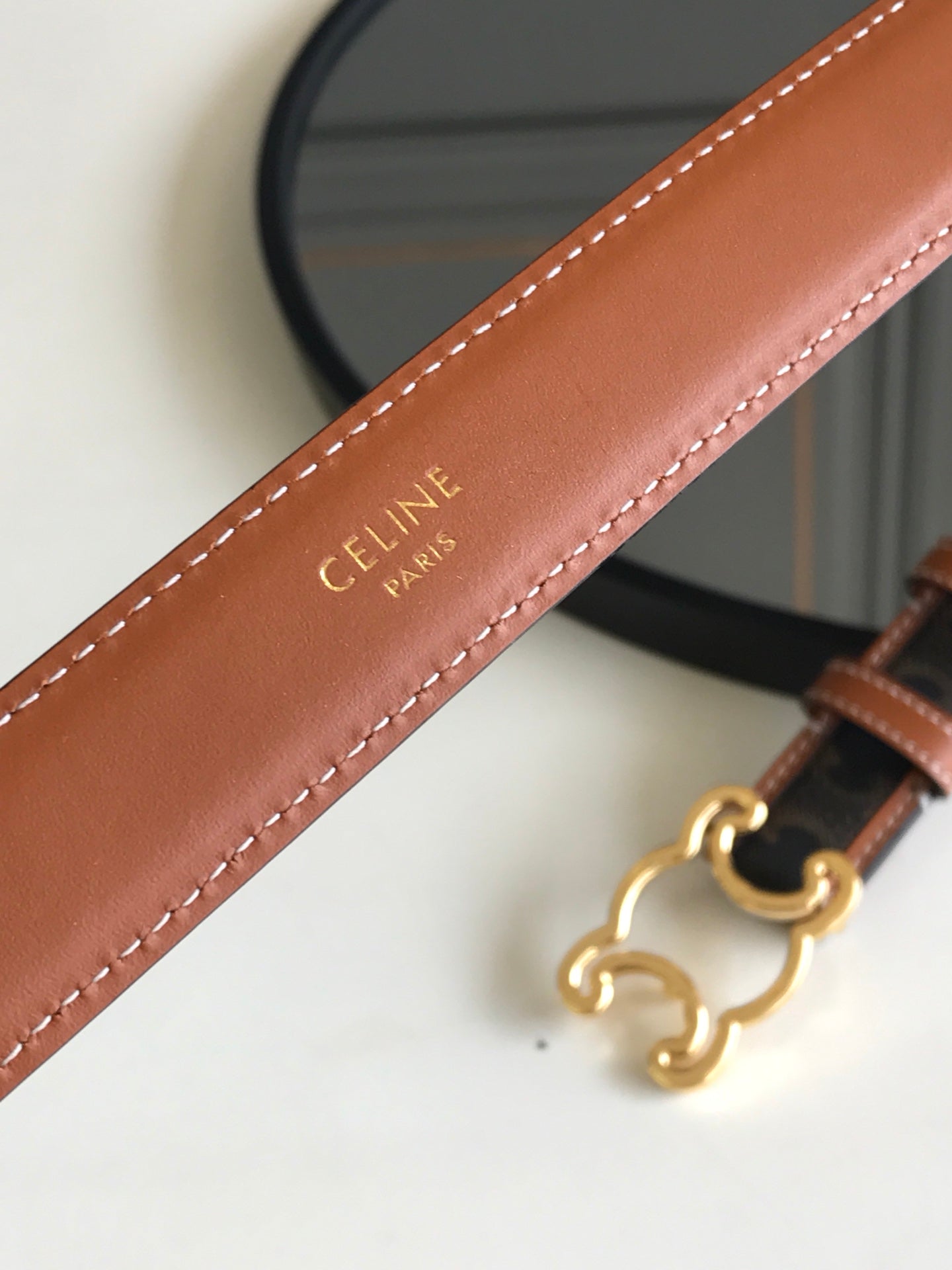 CELINE 25S BELT TRIOMPHE 25MM IN BROWN CALFSKIN AND CANVAS 559678 - 26 - 28