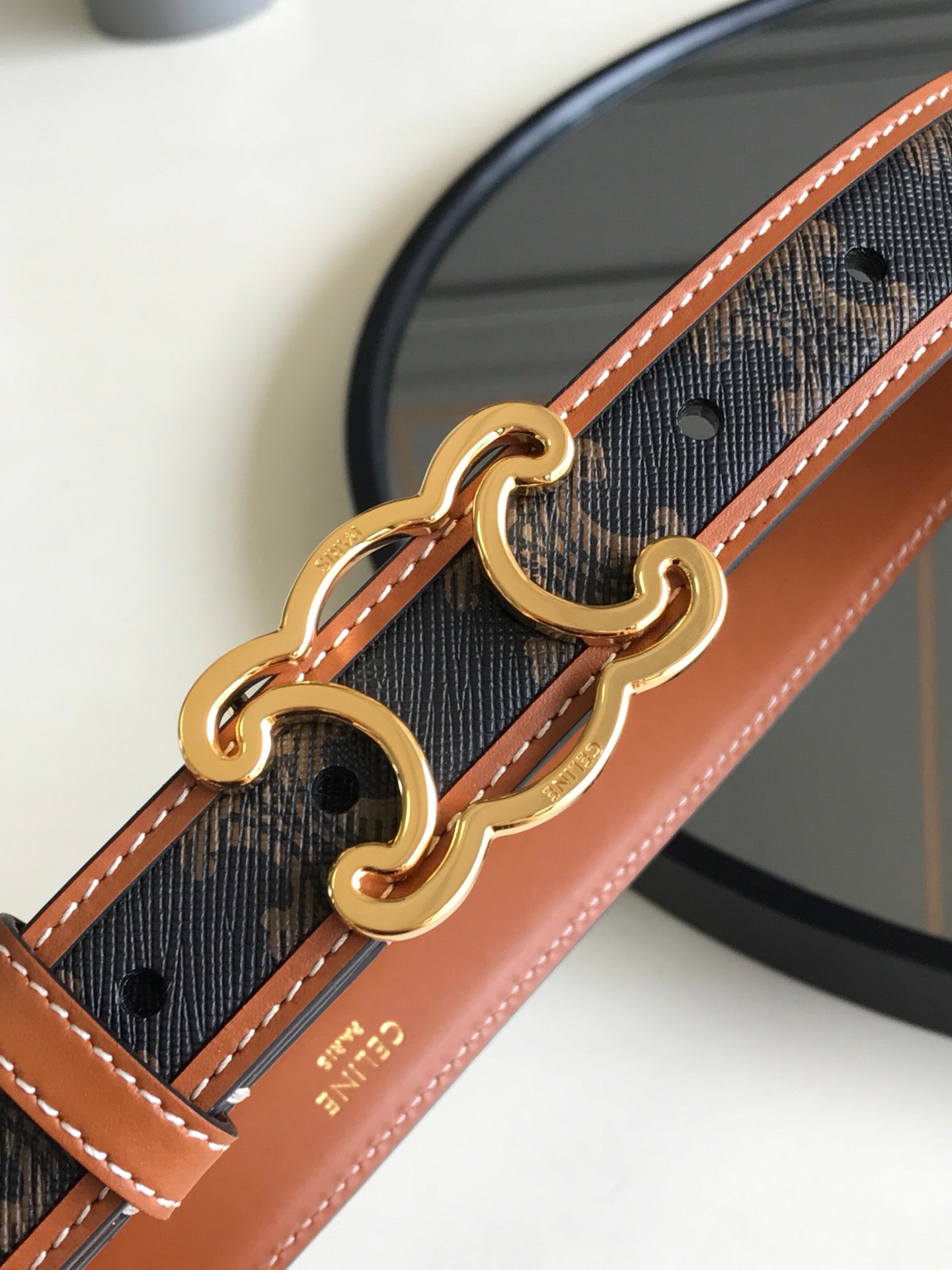 CELINE 25S BELT TRIOMPHE 25MM IN BROWN CALFSKIN AND CANVAS 559678 - 26 - 28