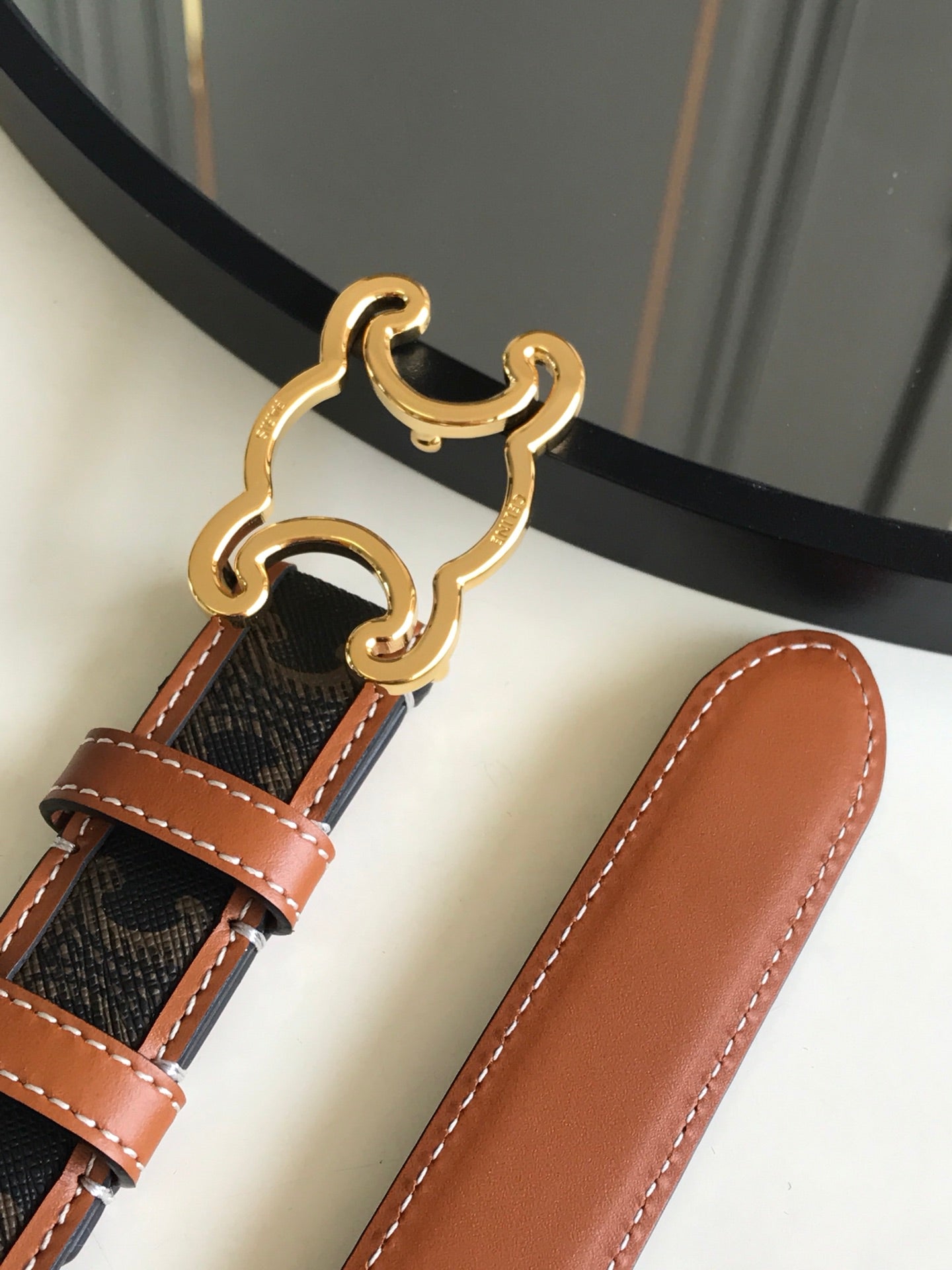 CELINE 25S BELT TRIOMPHE 25MM IN BROWN CALFSKIN AND CANVAS 559678 - 26 - 28