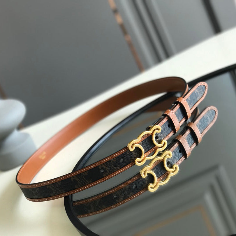CELINE 25S BELT TRIOMPHE 25MM IN BROWN CALFSKIN AND CANVAS 559678 - 26 - 28