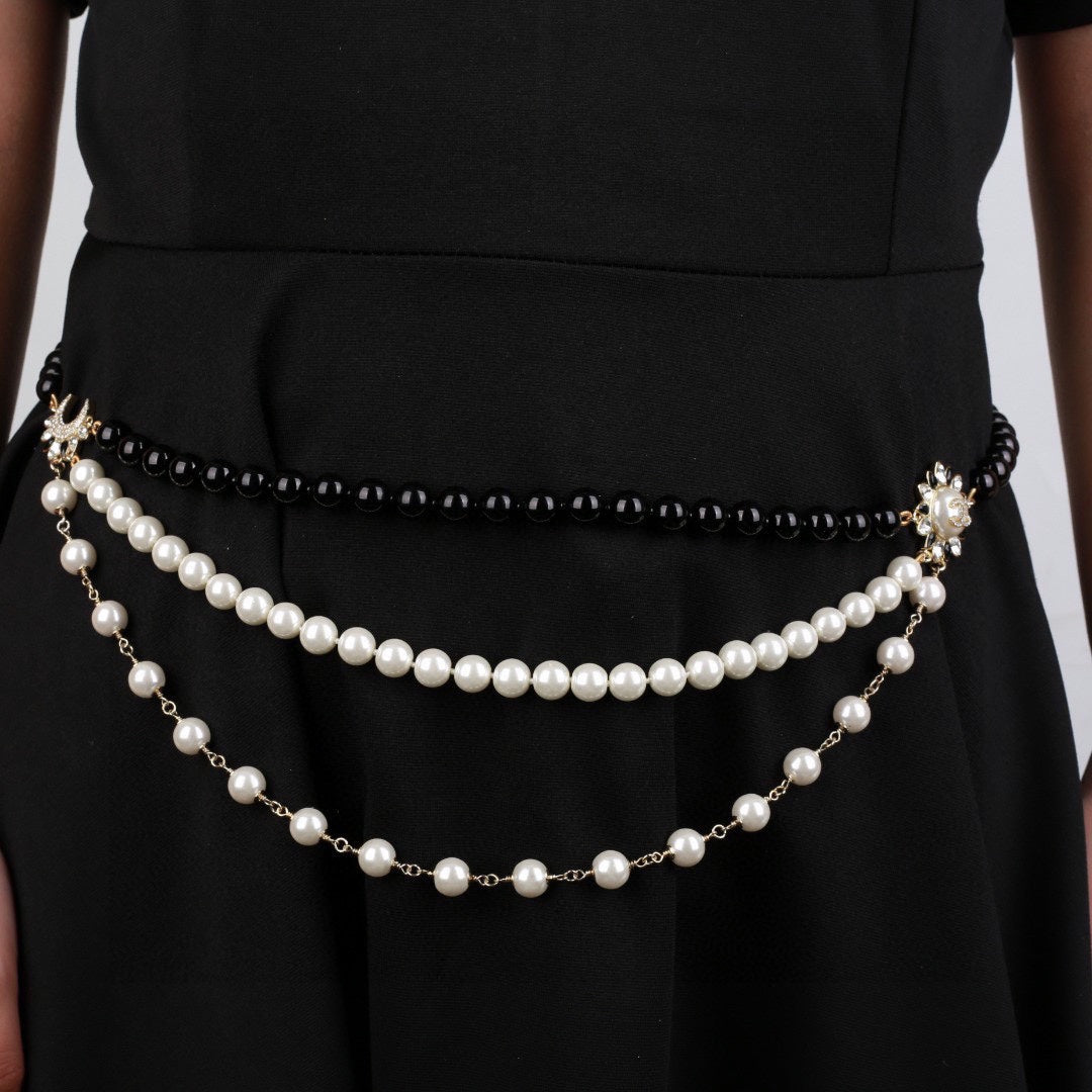 CHANEL 25S CHAIN BELT IN WHITE AND BLACK PEARL 614477 - 30