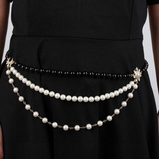 CHANEL 25S CHAIN BELT IN WHITE AND BLACK PEARL 614477 - 30