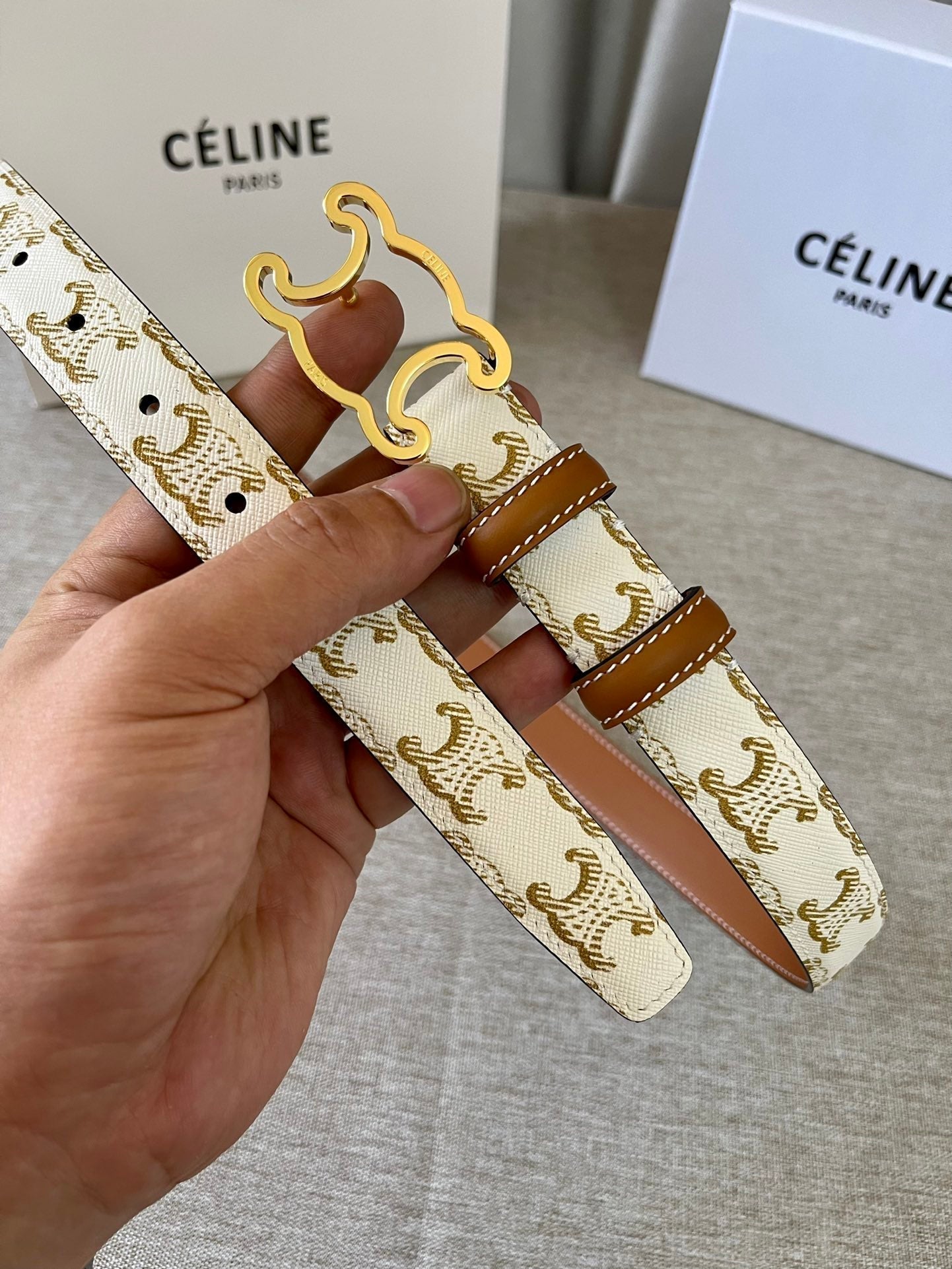CL logo Cut-out Belt 25mm White Tan Triomphe Canvas Ghw - 30