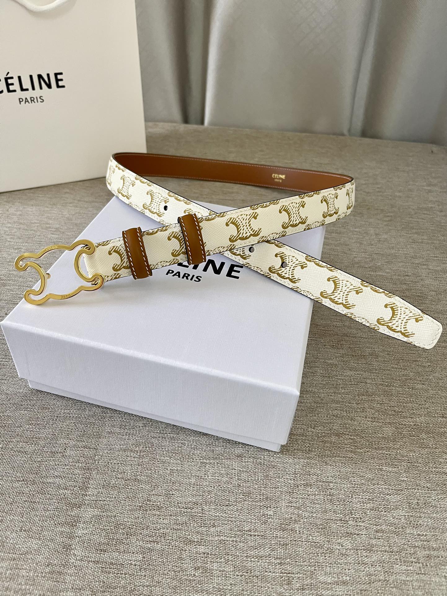 CL logo Cut-out Belt 25mm White Tan Triomphe Canvas Ghw - 30