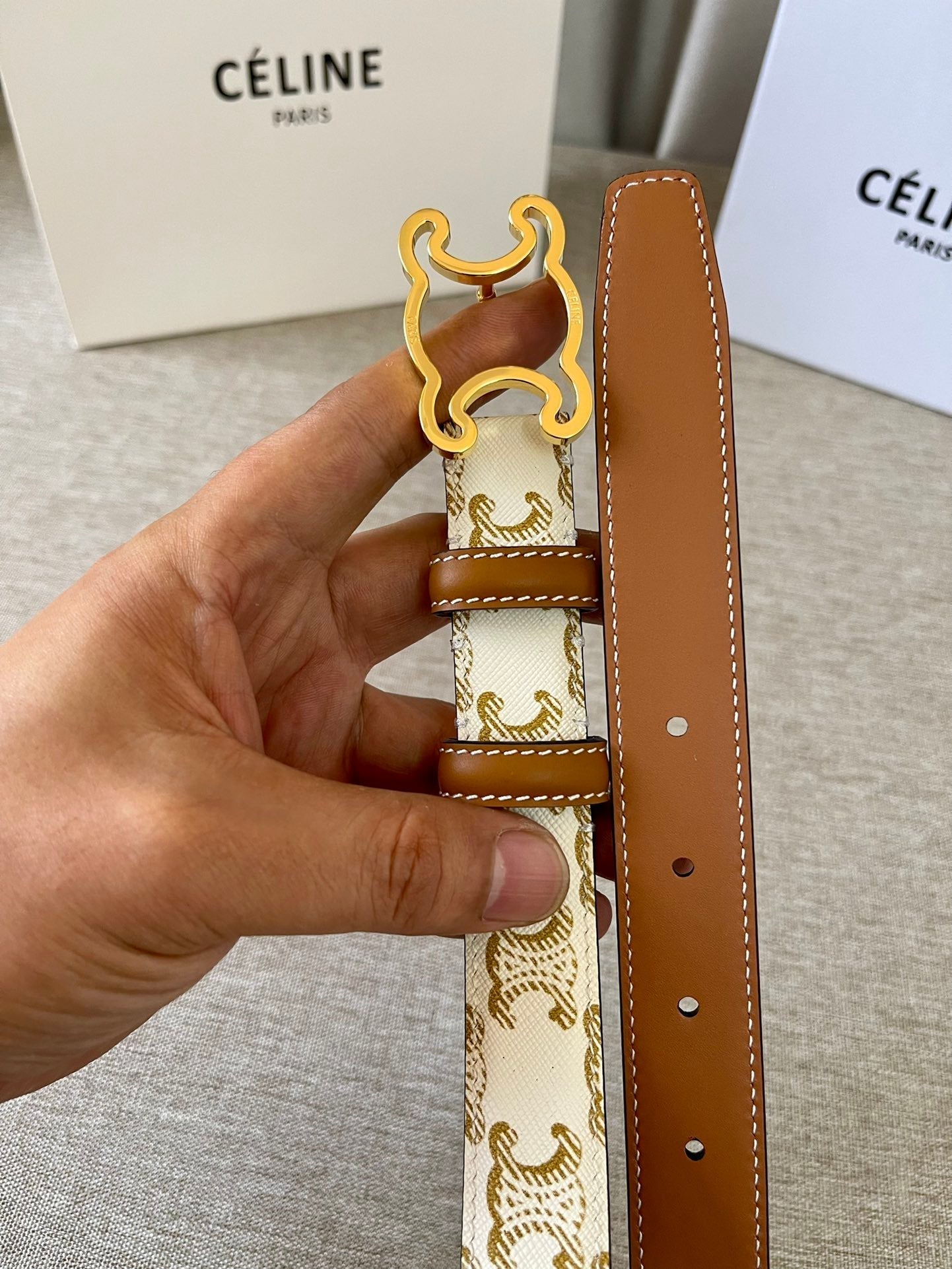 CL logo Cut-out Belt 25mm White Tan Triomphe Canvas Ghw - 30