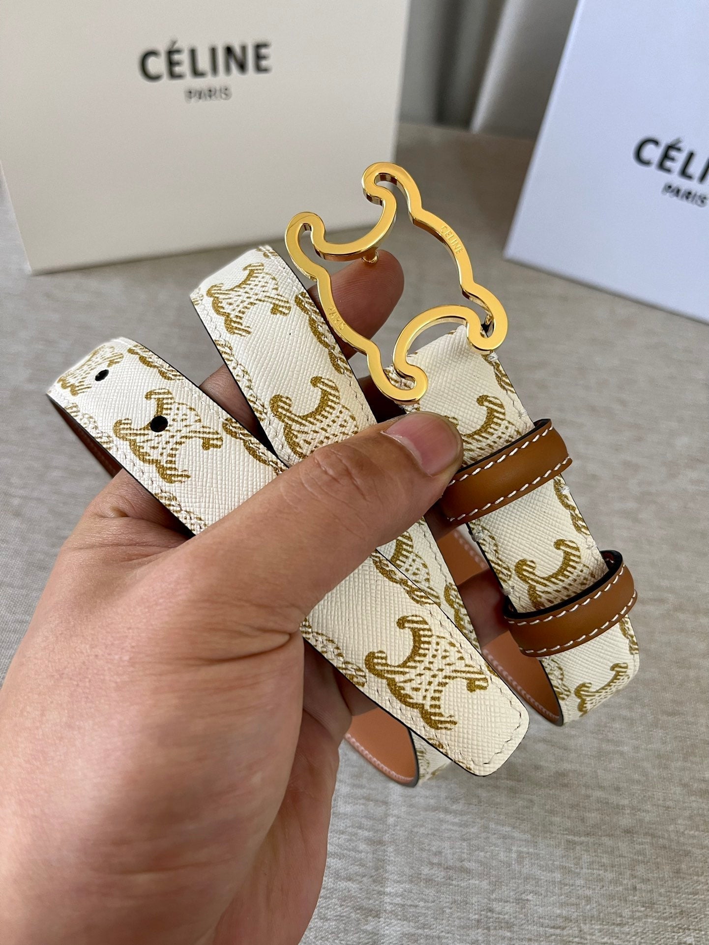 CL logo Cut-out Belt 25mm White Tan Triomphe Canvas Ghw - 30