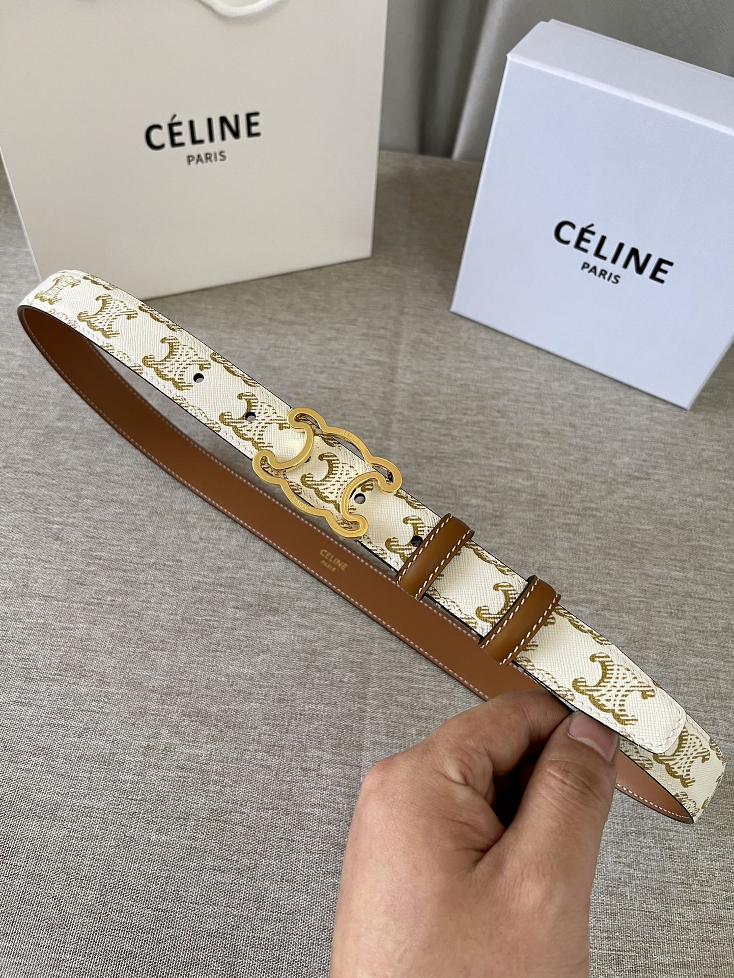 CL logo Cut-out Belt 25mm White Tan Triomphe Canvas Ghw - 30