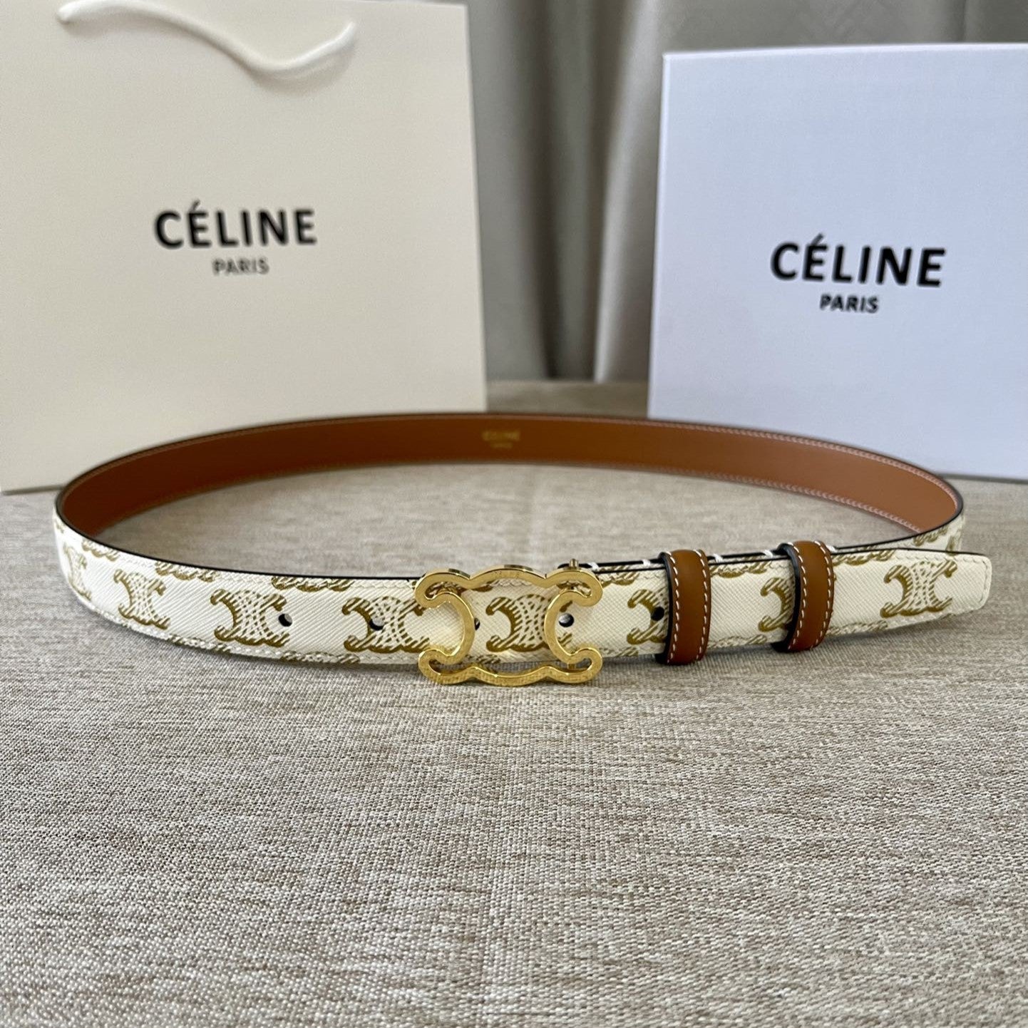 CL logo Cut-out Belt 25mm White Tan Triomphe Canvas Ghw - 30