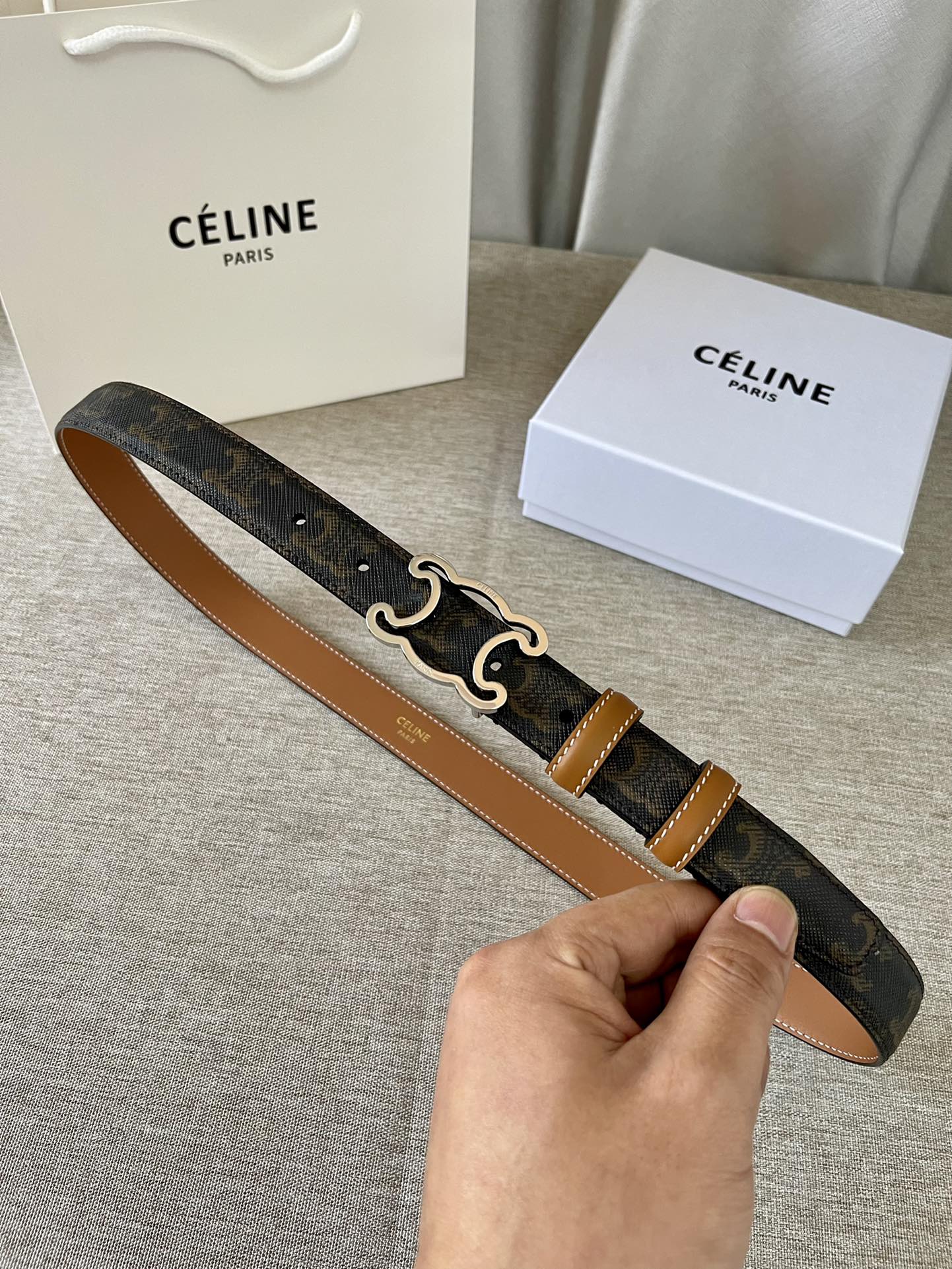 CL logo Cut-out Belt 25mm Black Tan Triomphe Canvas Shw - 30