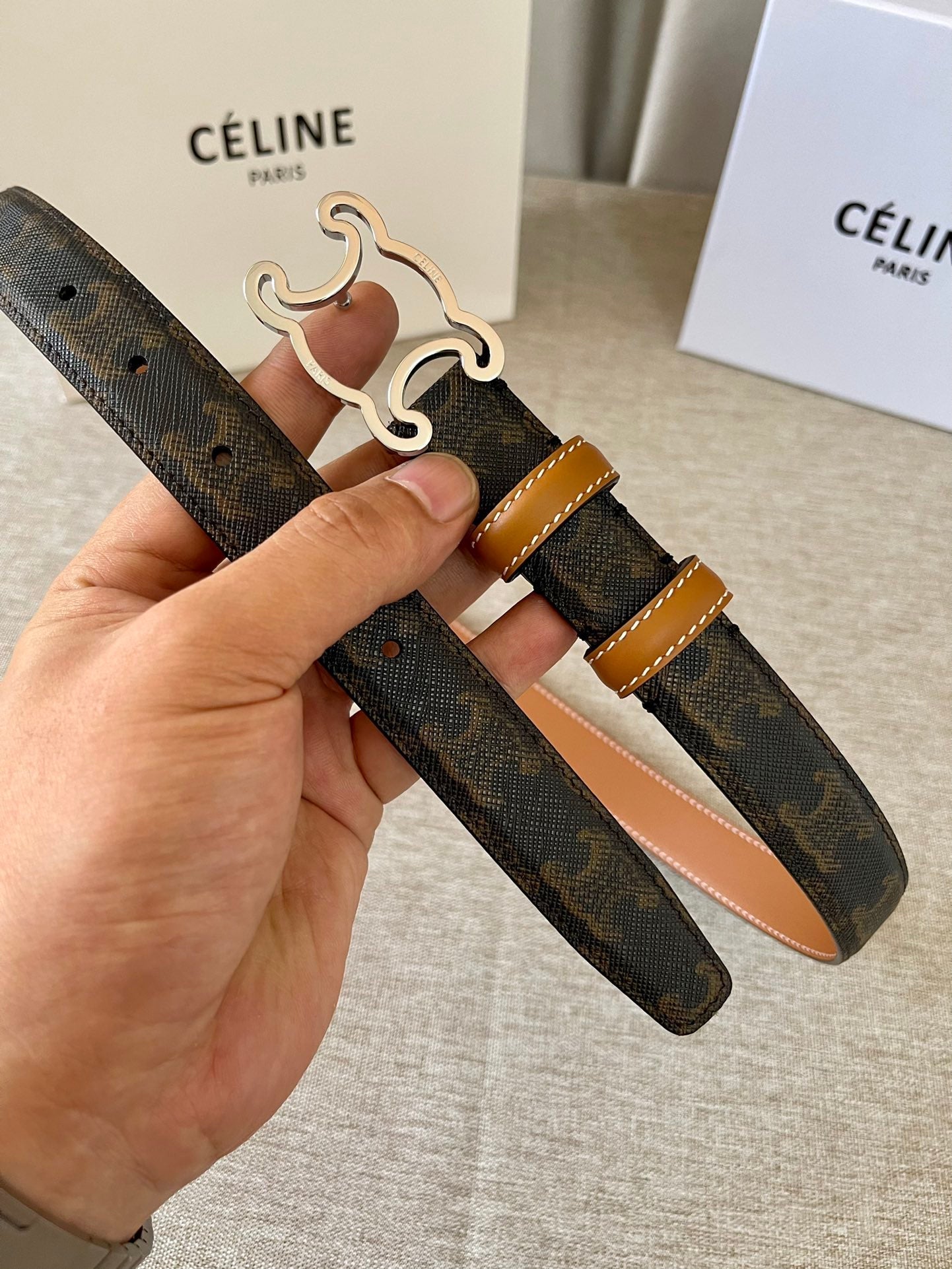 CL logo Cut-out Belt 25mm Black Tan Triomphe Canvas Shw - 30