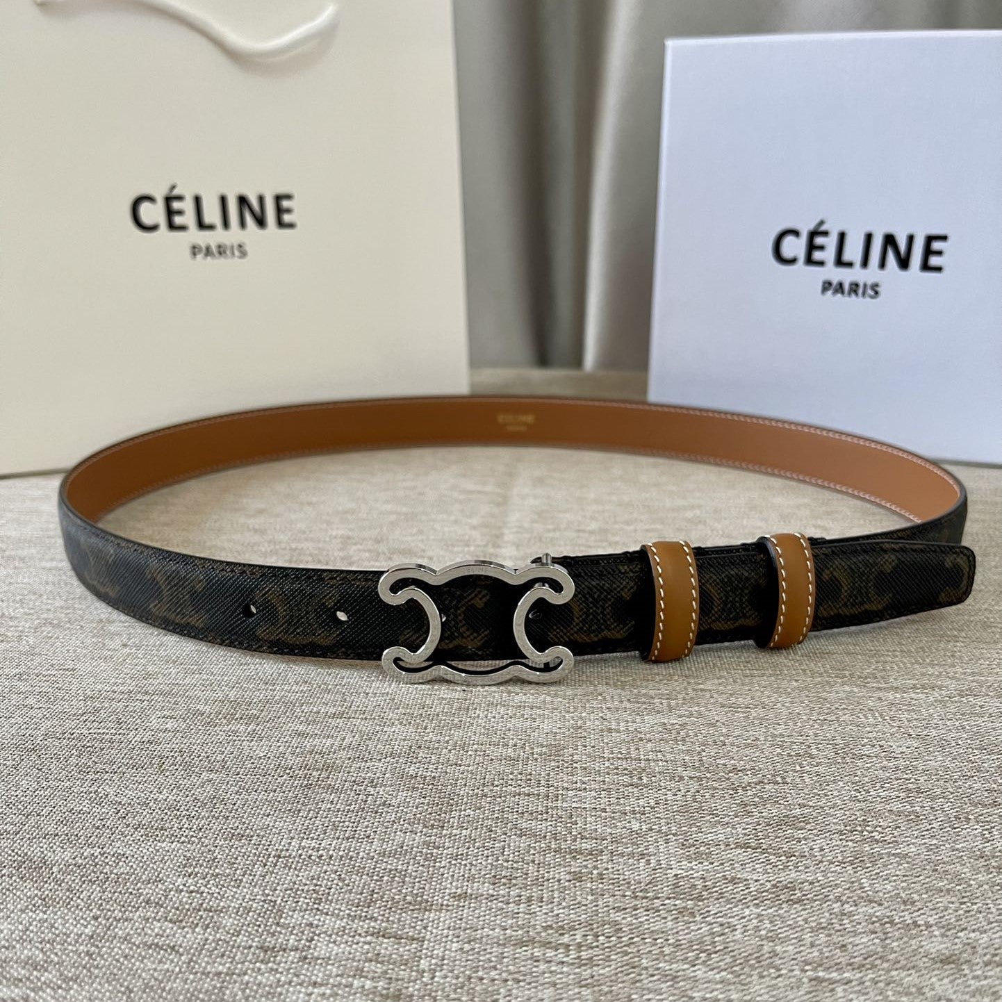 CL logo Cut-out Belt 25mm Black Tan Triomphe Canvas Shw - 30