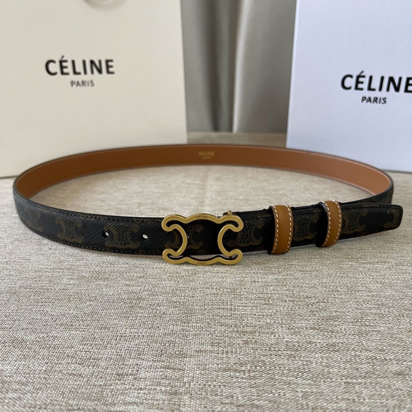 CL logo Cut-out Belt 25mm Black Tan Triomphe Canvas Ghw - 30