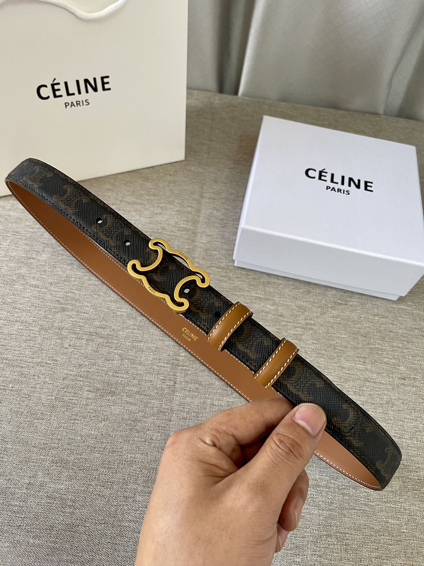 CL logo Cut-out Belt 25mm Black Tan Triomphe Canvas Ghw - 30