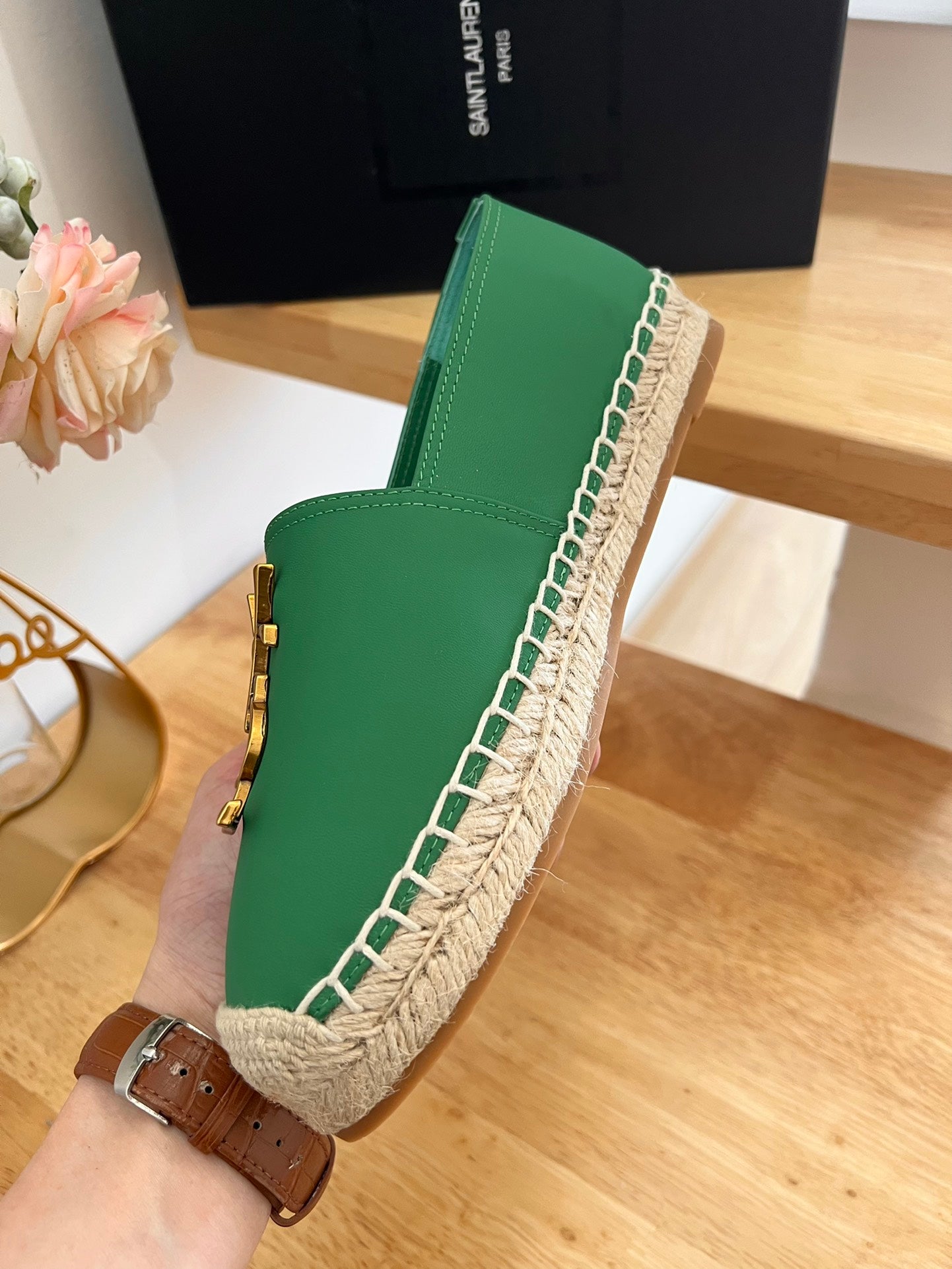 SL YVES LOGO SLIP ON DARK GREEN CALFSKIN - 35