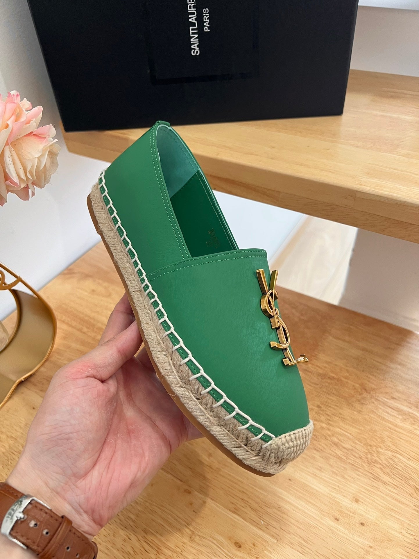 SL YVES LOGO SLIP ON DARK GREEN CALFSKIN - 35