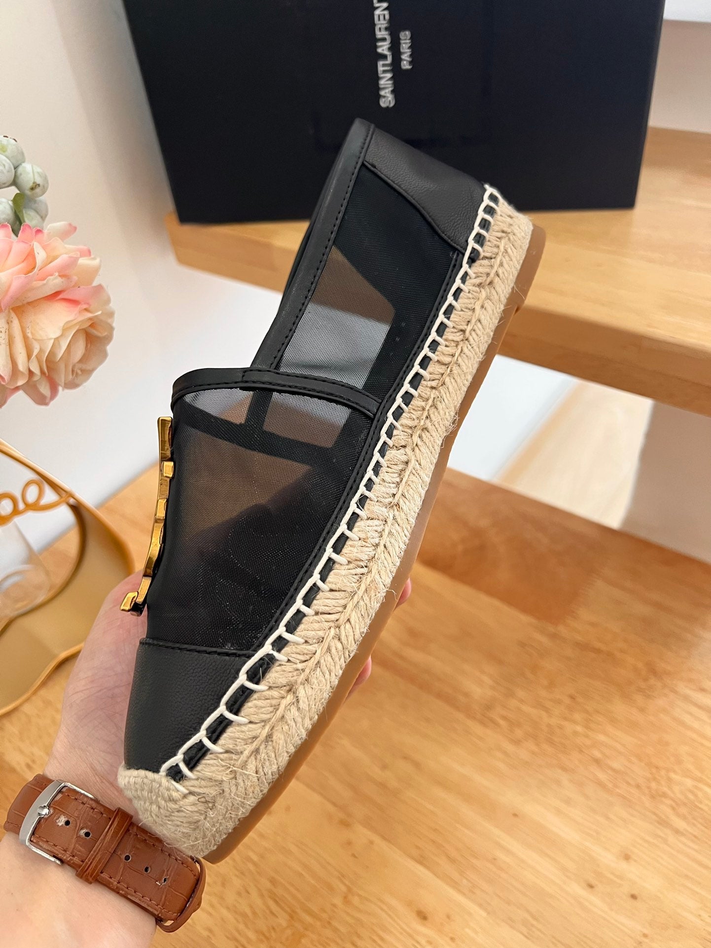 SL YVES LOGO SLIP ON BLACK CALFSKIN AND MESH - 35
