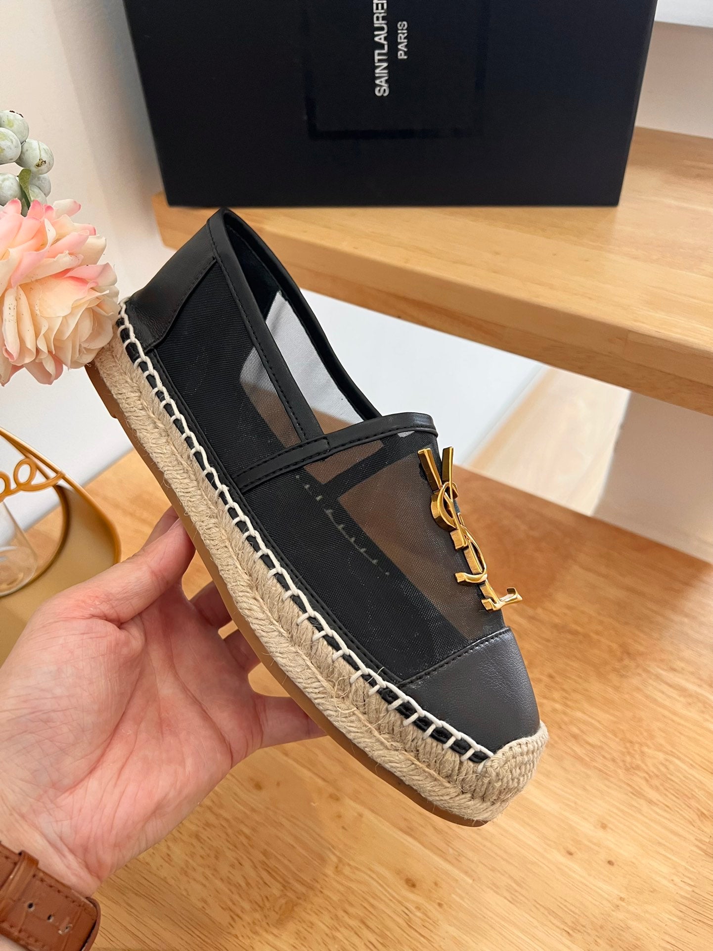 SL YVES LOGO SLIP ON BLACK CALFSKIN AND MESH - 35
