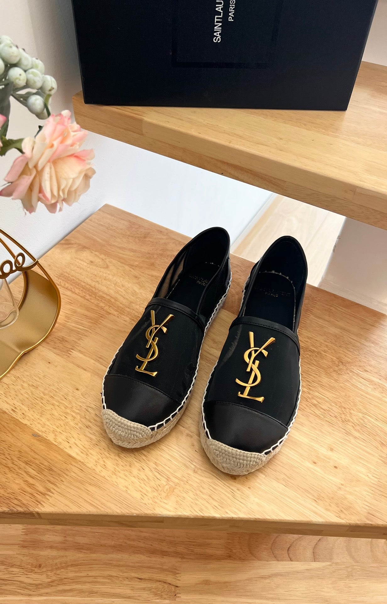 SL YVES LOGO SLIP ON BLACK CALFSKIN AND MESH - 35