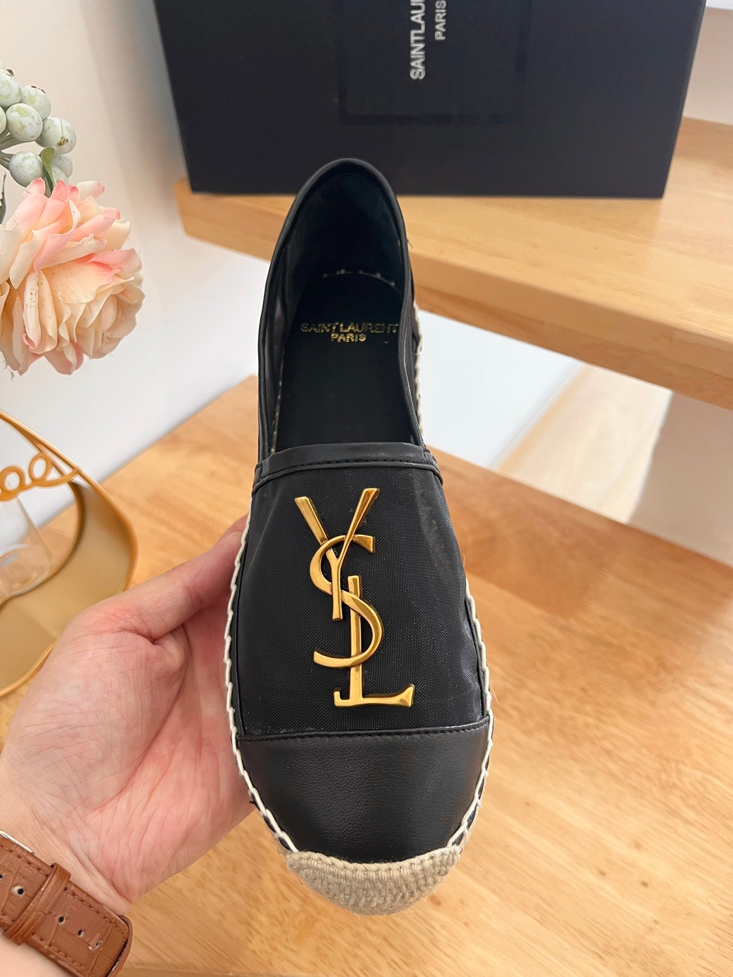 SL YVES LOGO SLIP ON BLACK CALFSKIN AND MESH - 35