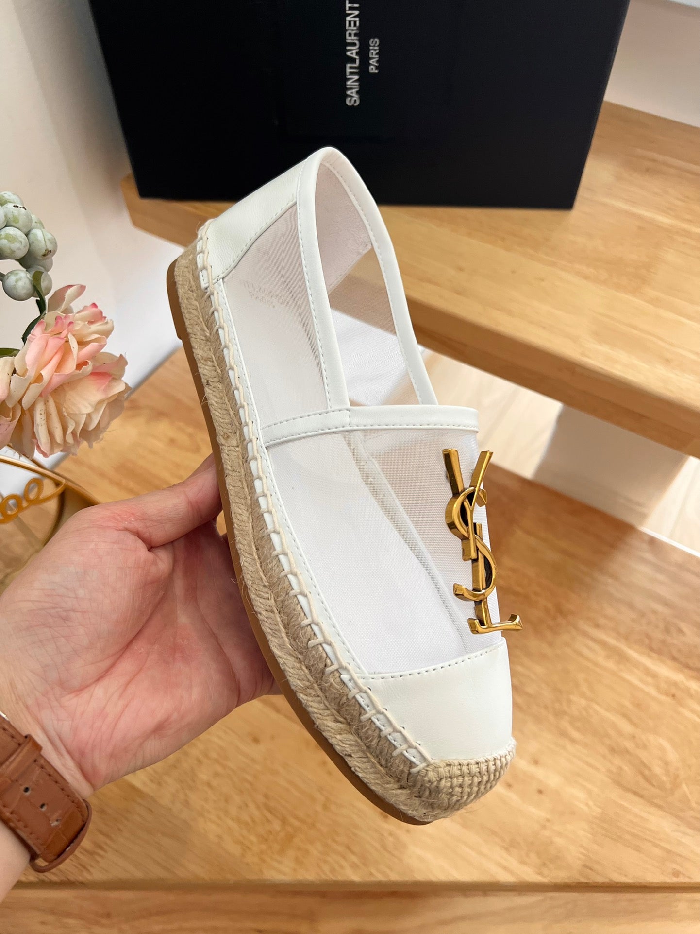 SL YVES LOGO SLIP ON WHITE CALFSKIN AND MESH - 35