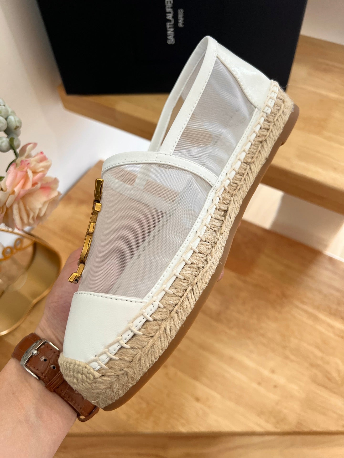 SL YVES LOGO SLIP ON WHITE CALFSKIN AND MESH - 35