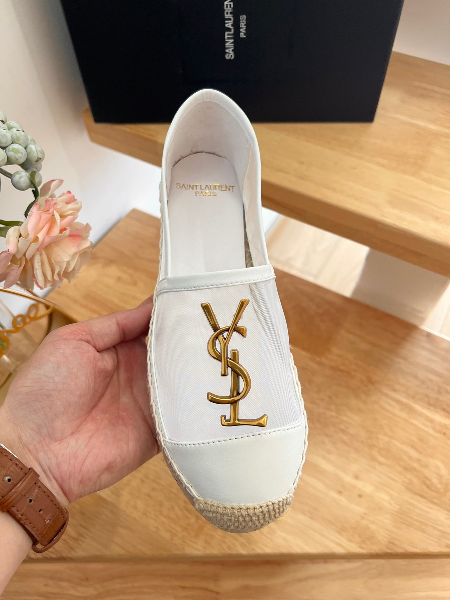 SL YVES LOGO SLIP ON WHITE CALFSKIN AND MESH - 35
