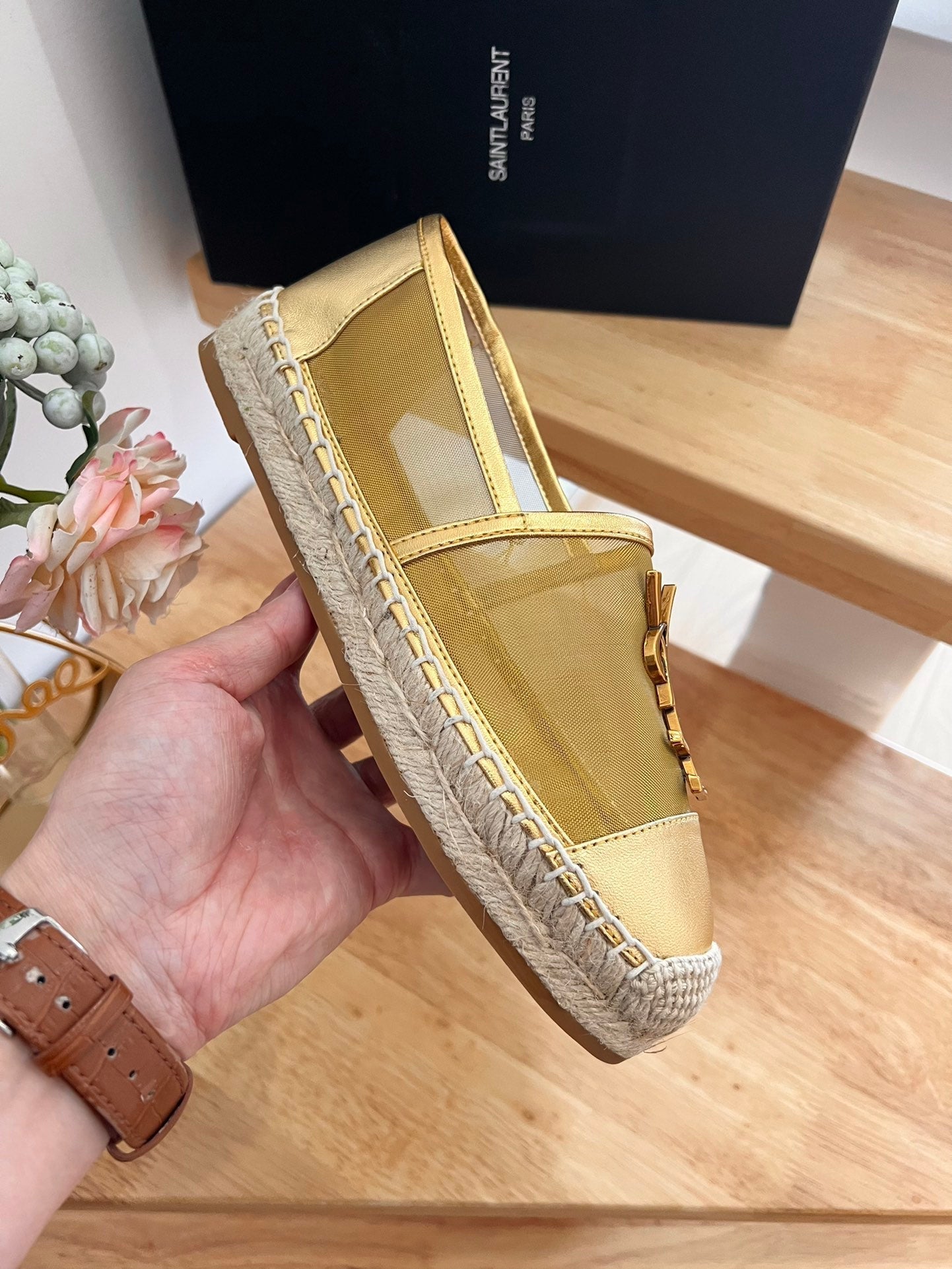 SL YVES LOGO SLIP ON METALLIC GOLD CALFSKIN AND MESH - 35