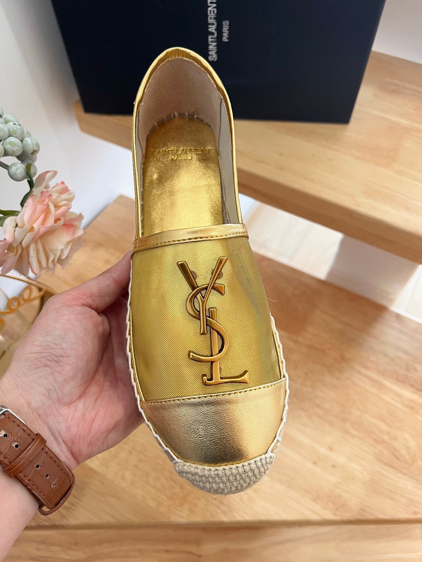 SL YVES LOGO SLIP ON METALLIC GOLD CALFSKIN AND MESH - 35