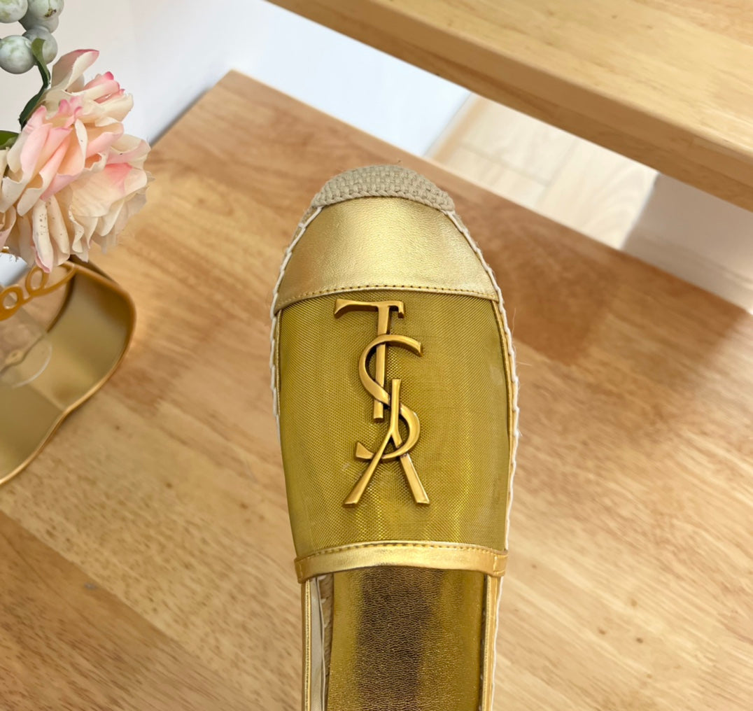 SL YVES LOGO SLIP ON METALLIC GOLD CALFSKIN AND MESH - 35