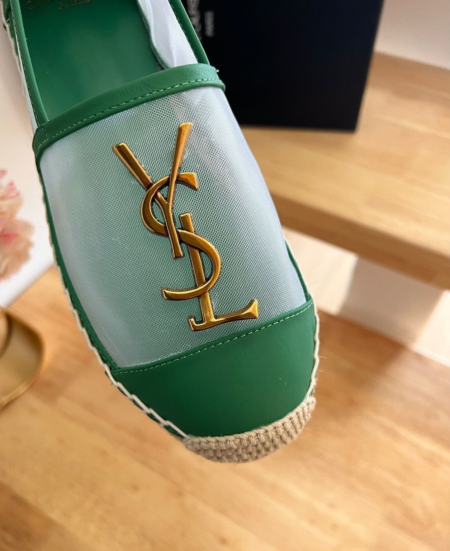 SL YVES LOGO SLIP ON DARK GREEN CALFSKIN AND MESH - 35