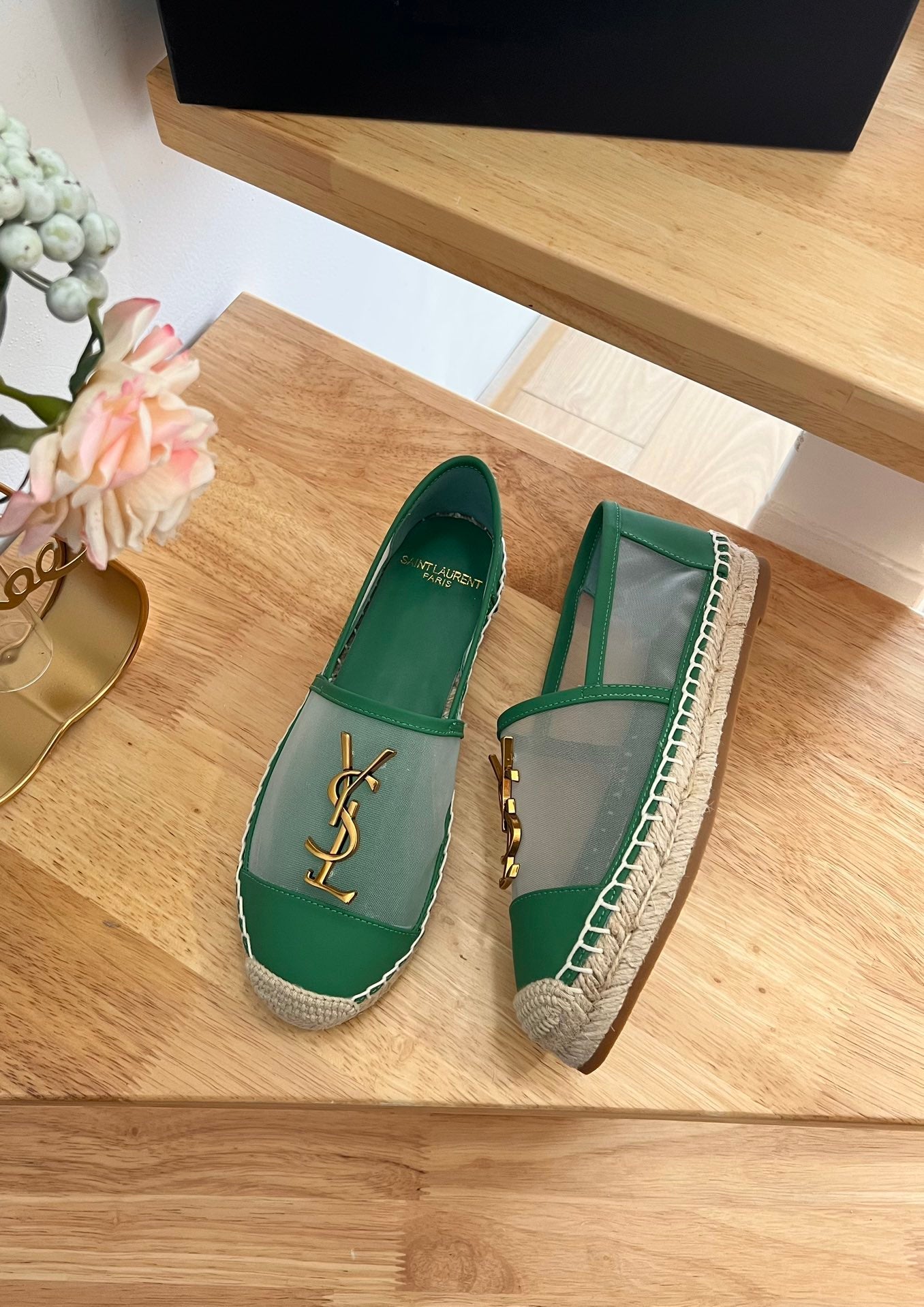 SL YVES LOGO SLIP ON DARK GREEN CALFSKIN AND MESH - 35