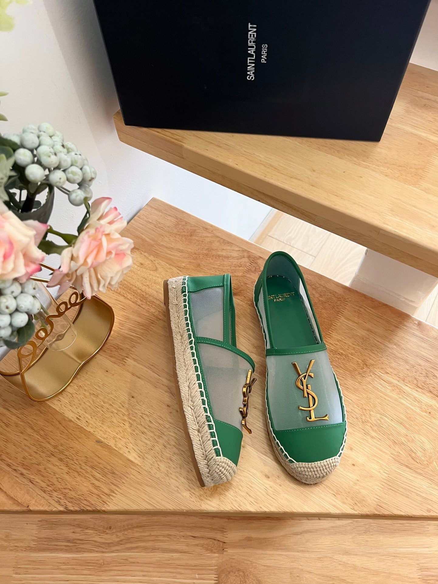 SL YVES LOGO SLIP ON DARK GREEN CALFSKIN AND MESH - 35