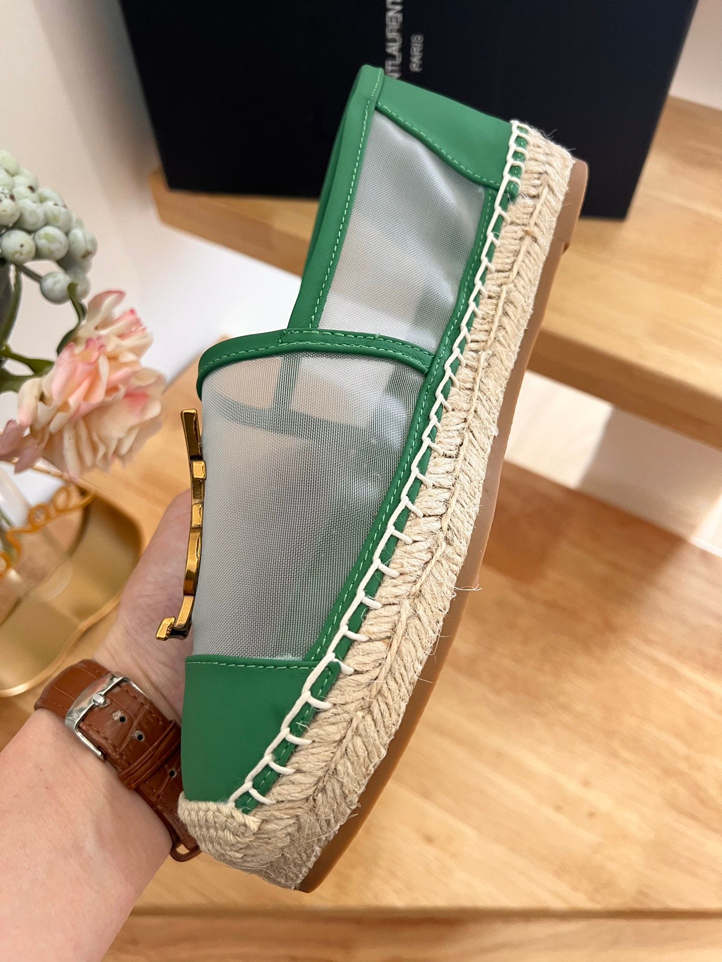 SL YVES LOGO SLIP ON DARK GREEN CALFSKIN AND MESH - 35
