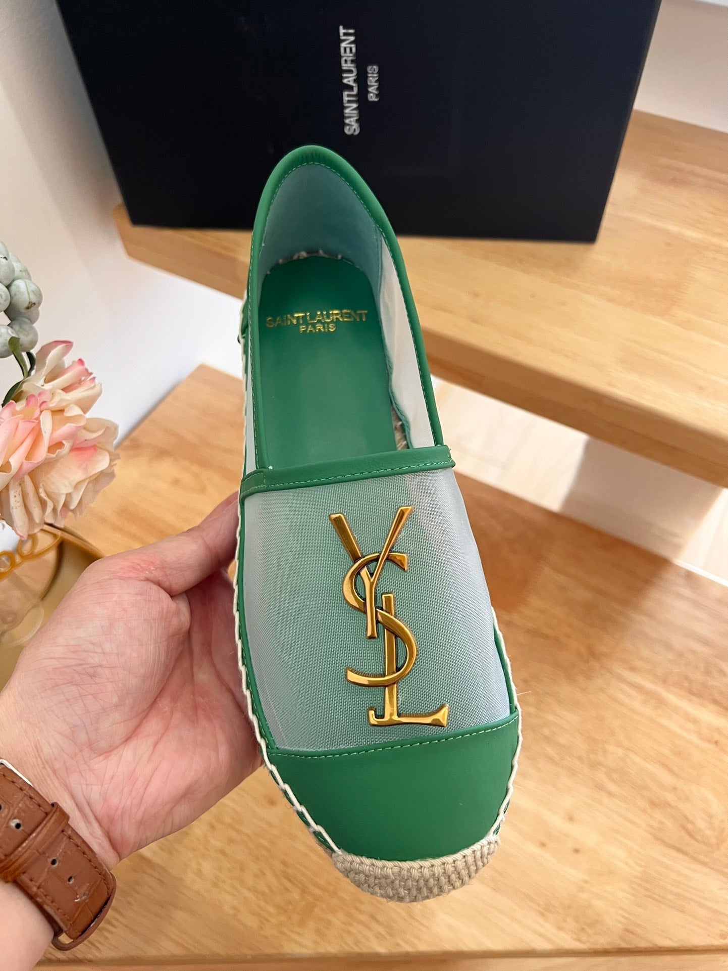 SL YVES LOGO SLIP ON DARK GREEN CALFSKIN AND MESH - 35