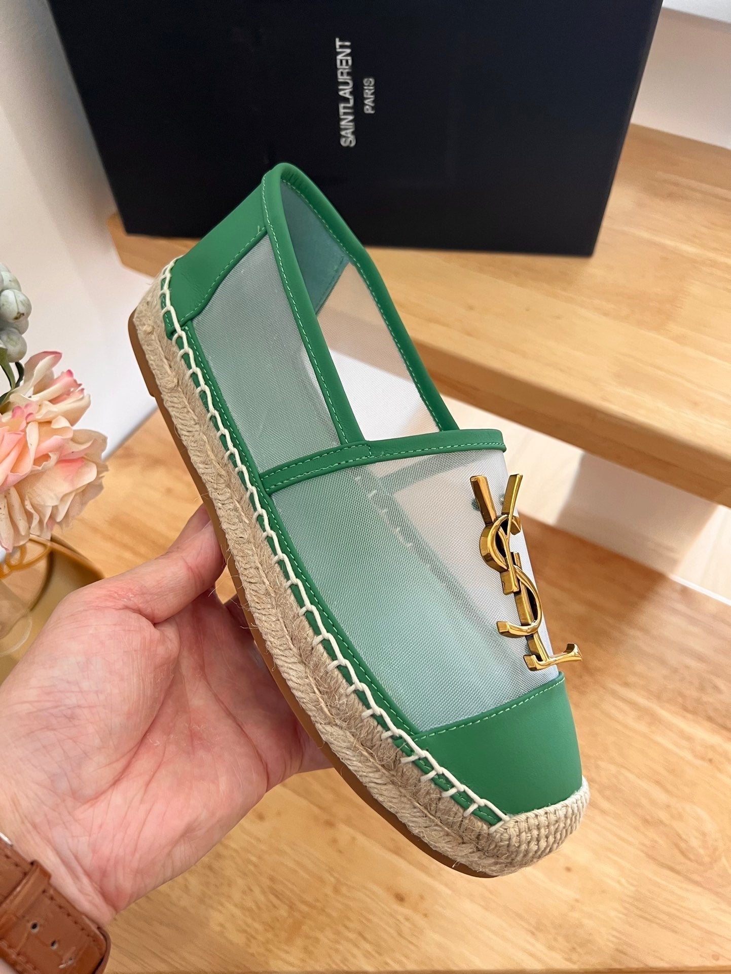 SL YVES LOGO SLIP ON DARK GREEN CALFSKIN AND MESH - 35