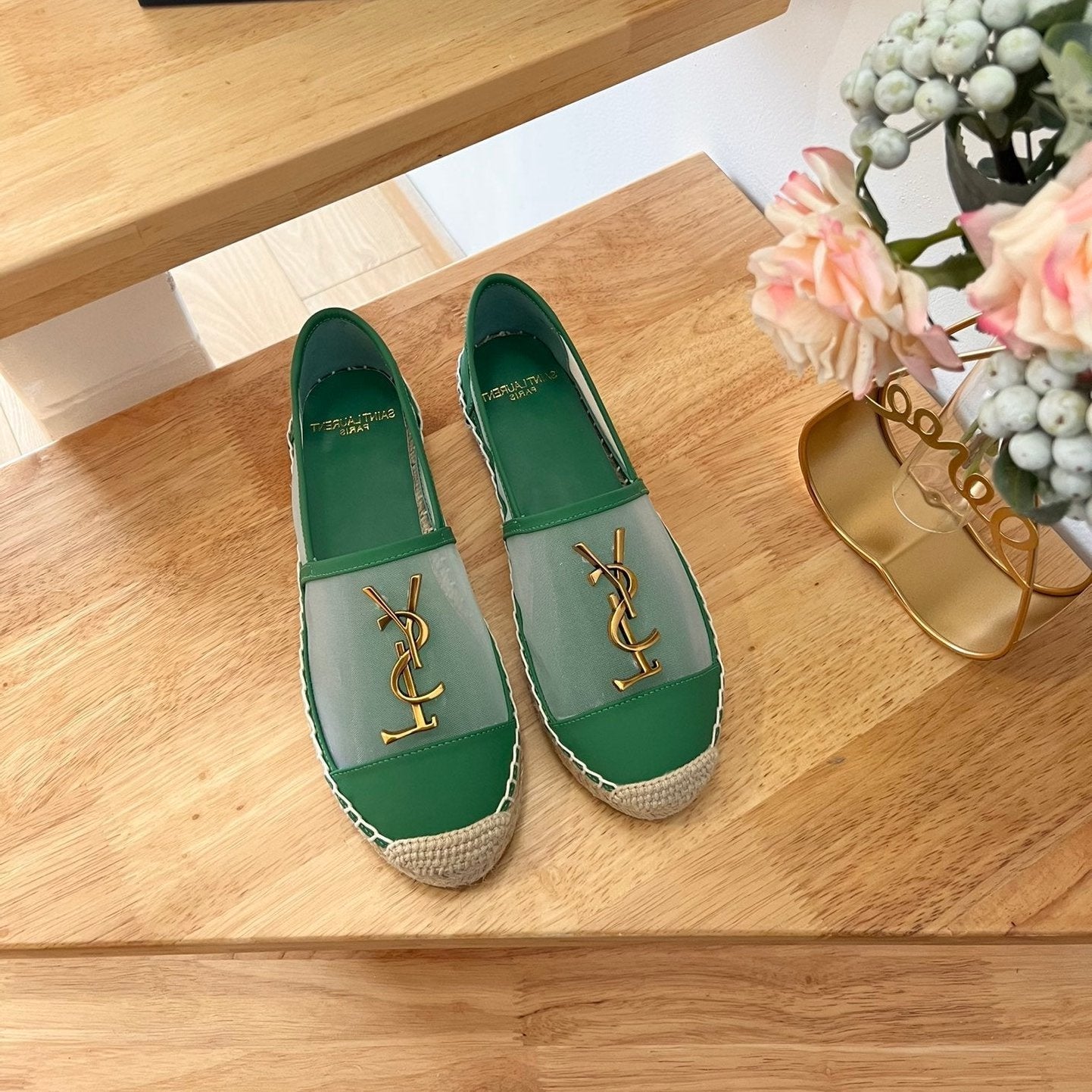 SL YVES LOGO SLIP ON DARK GREEN CALFSKIN AND MESH - 35