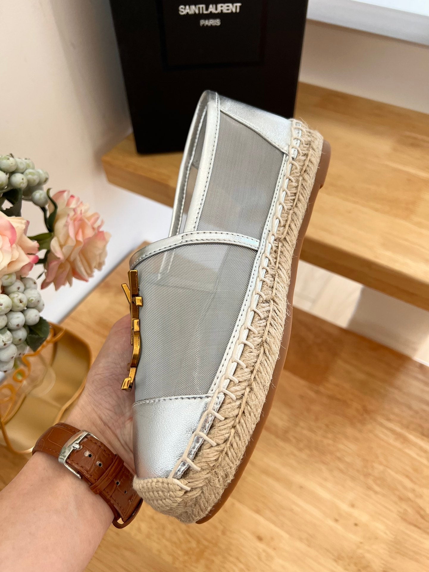 SL YVES LOGO SLIP ON SILVER CALFSKIN AND MESH - 35