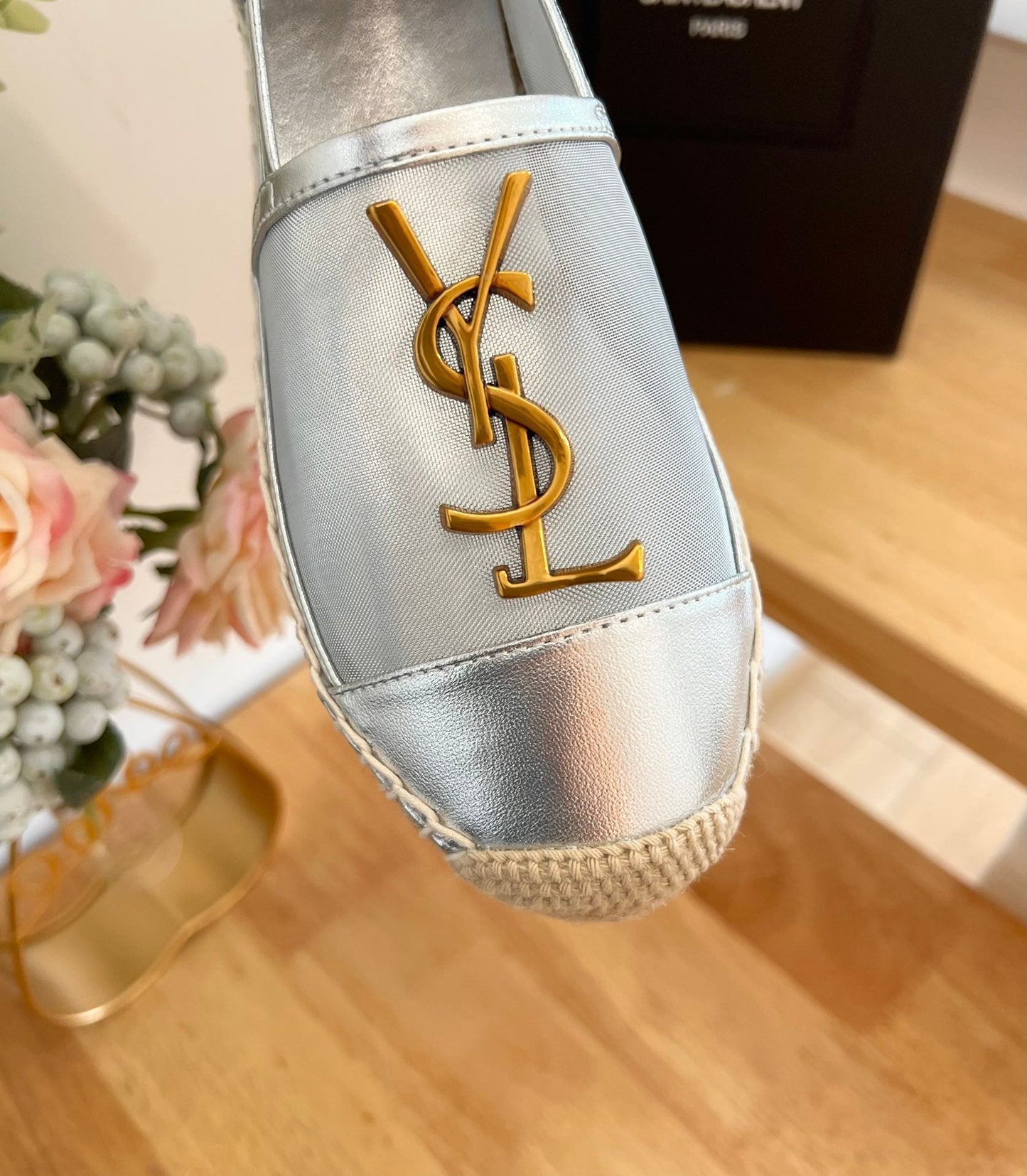 SL YVES LOGO SLIP ON SILVER CALFSKIN AND MESH - 35