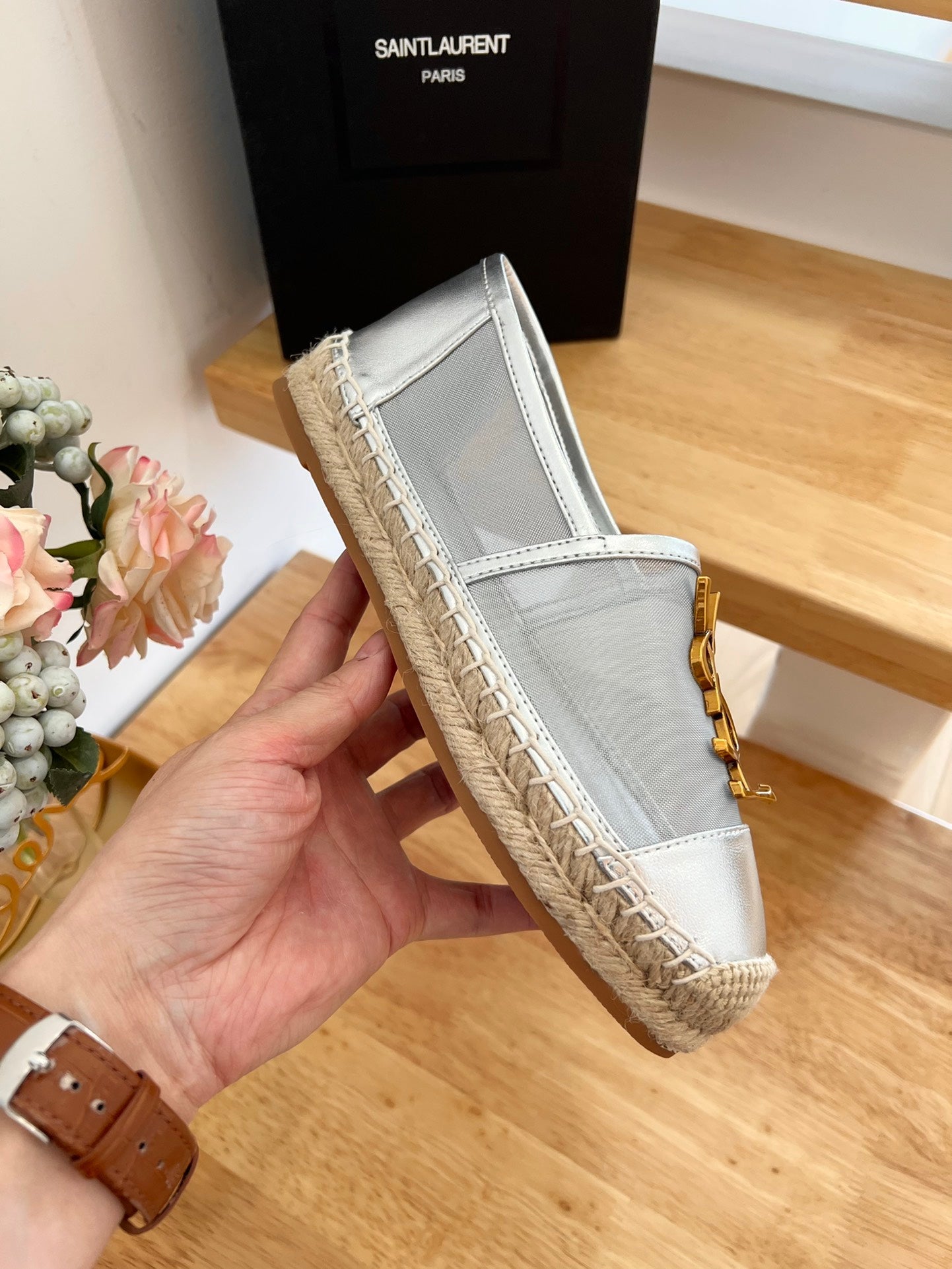 SL YVES LOGO SLIP ON SILVER CALFSKIN AND MESH - 35