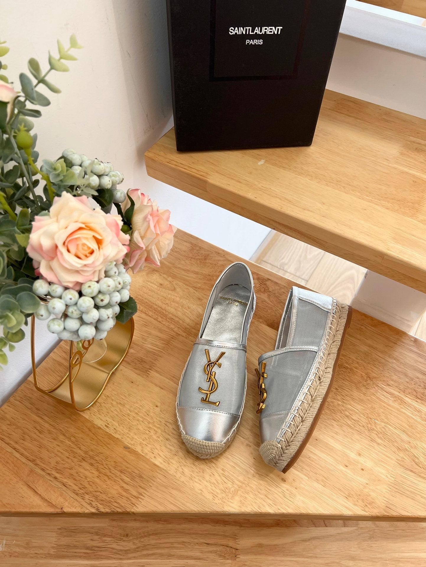 SL YVES LOGO SLIP ON SILVER CALFSKIN AND MESH - 35