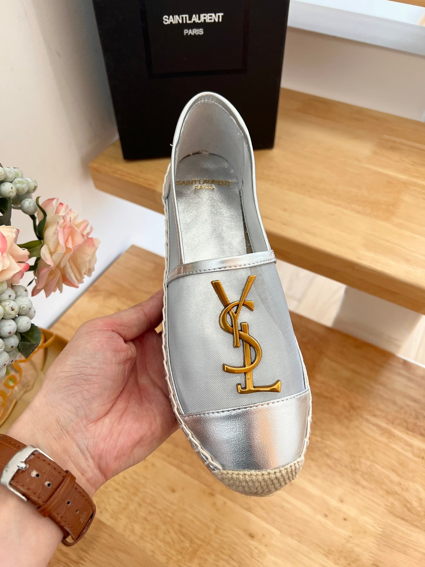 SL YVES LOGO SLIP ON SILVER CALFSKIN AND MESH - 35